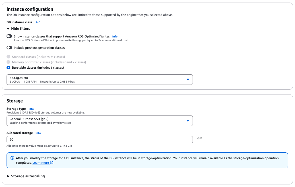 Configuració Instance Configuration i Storage