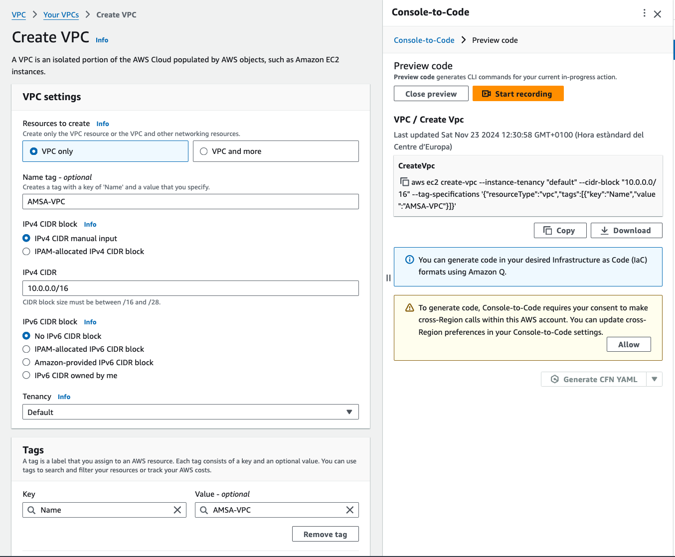 Definició de la VPC utilitzant AWS