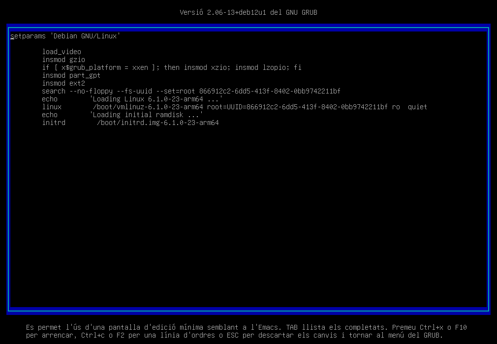 Configuració de l'entrada debian del GRUB