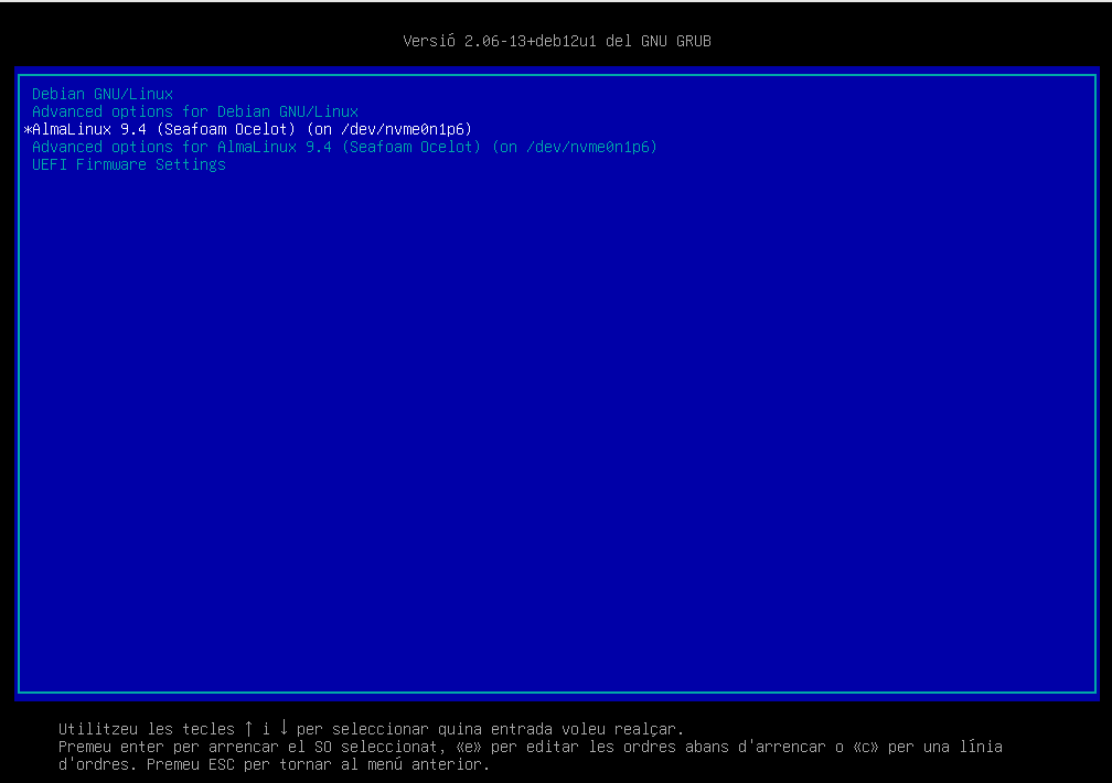Selecció de l'entrada d'almalinux