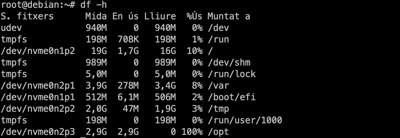 Munteu la partició /opt i torneu a crear el fitxer per a omplir el directori